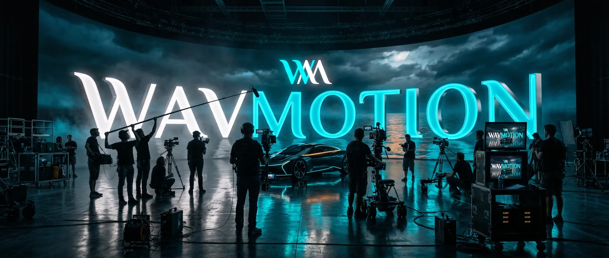 Tournage en studio XR : le logo WAVMOTION en lettres géantes lumineuses sur un mur LED, une supercar sur le plateau, équipe de tournage, caméras et perche son